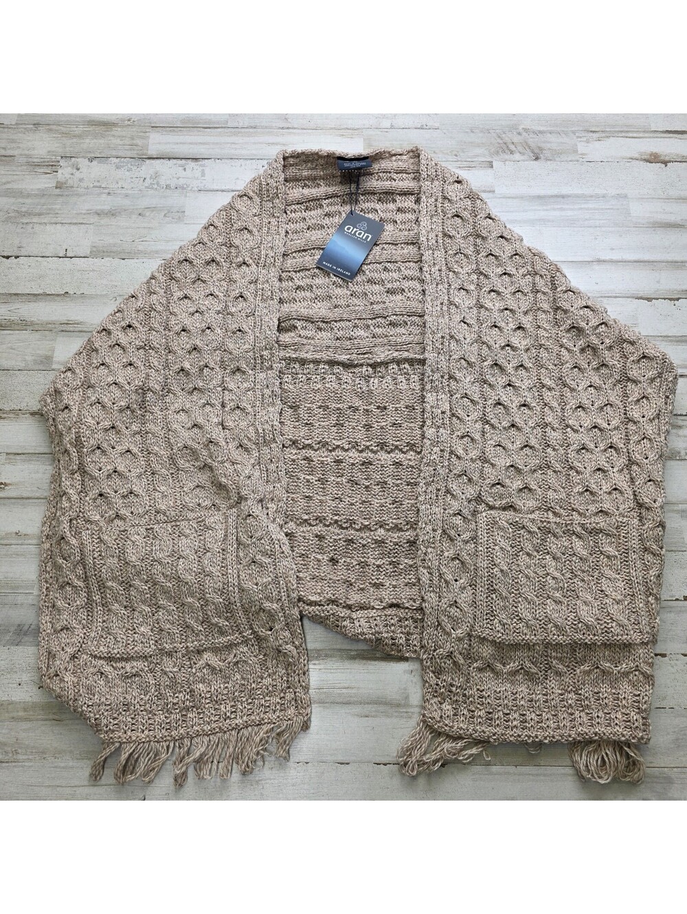 Aran Woollen Mills Open-Front Shawl Cardigan w/ Pockets NEW w/ Tag Pattern Knit